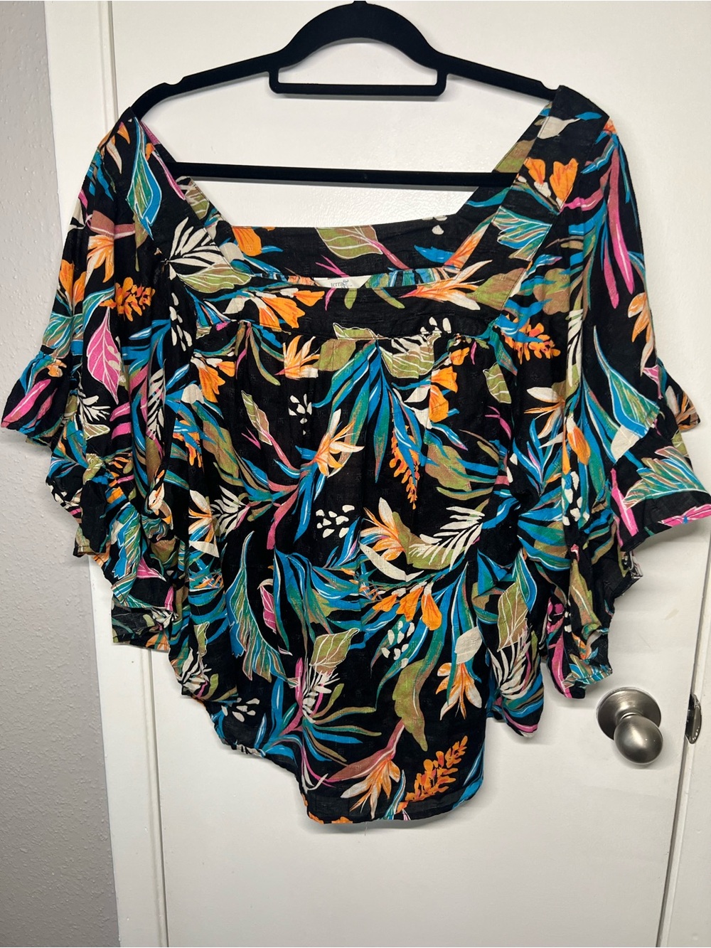 Terra & Sky Black Off-Shoulder Blouse with Teal, Orange & Pink Tropical Print